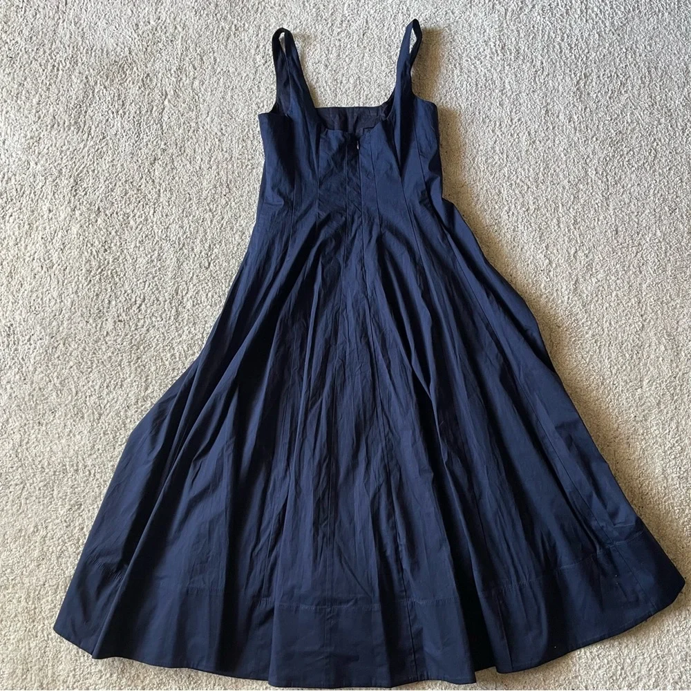 ✨NEW✨ STAUD Wells Midi Dress Navy Blue Classic Stretch Cotton Poplin Fit & Flare - Picture 5 of 9